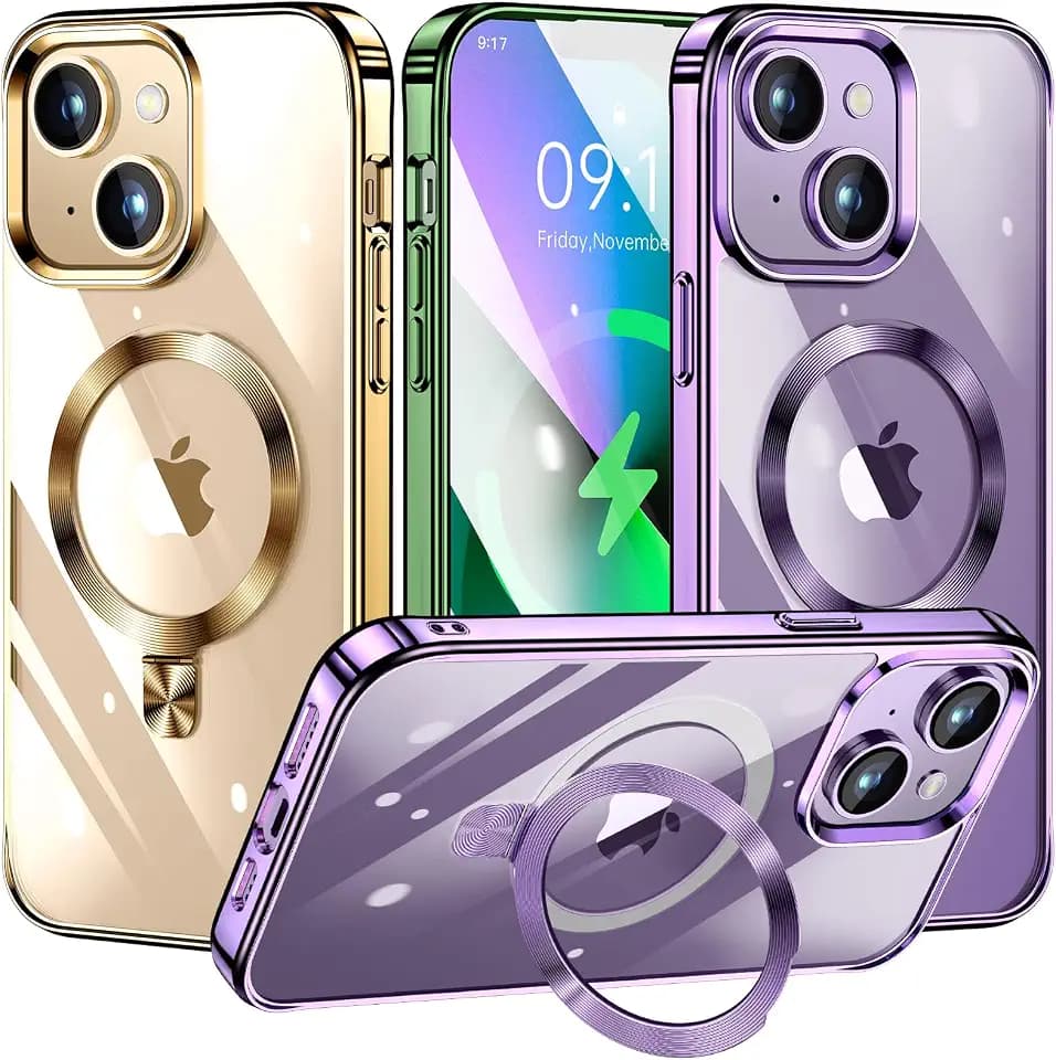 TLIKEMISS Magnetic iPhone 13/14 Case, Metallic Purple, Compatible with MagSafe Accessories, Foldable Stand, Wireless Charging, Heavy Duty Protection