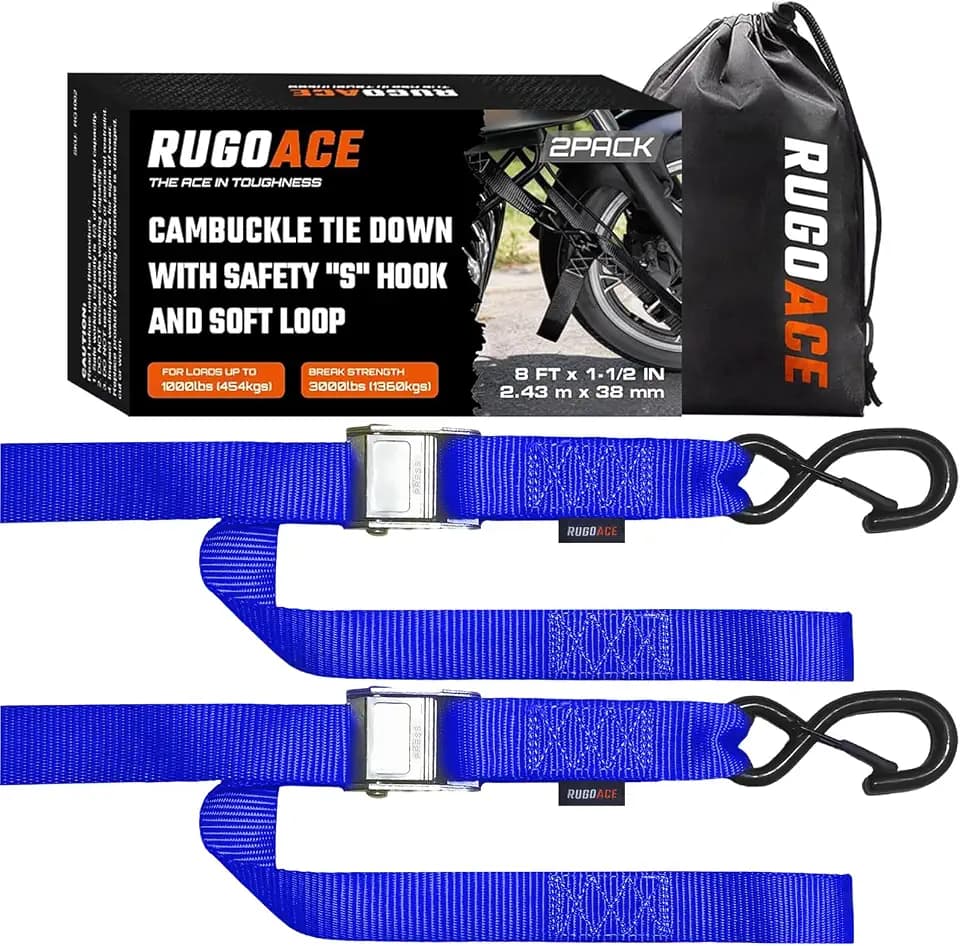 Cam Buckle Tie Down Straps 1.5 in x 8 ft 3000 lbs Limit 2Pk, Blue RUGOACE