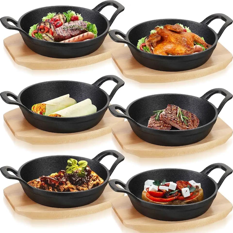 Nuogo 6 Sets Mini Cast Iron Skillets with Wood Base, Fajita Pan,6.3 Inches