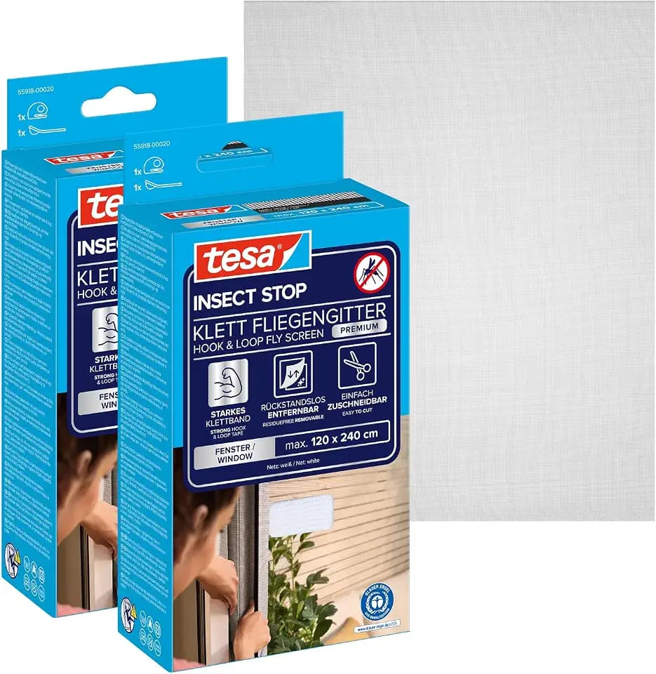 tesa INSECT STOP Klett Fliegengitter Premium - 2x 120 cm x 240 cm Anthrazit | 2-tlg., zuschneidbarer Insektenschutz für Fenster - ohne Bohren, starkes Klettband, rückstandsfrei entfernbar - durchsichtig