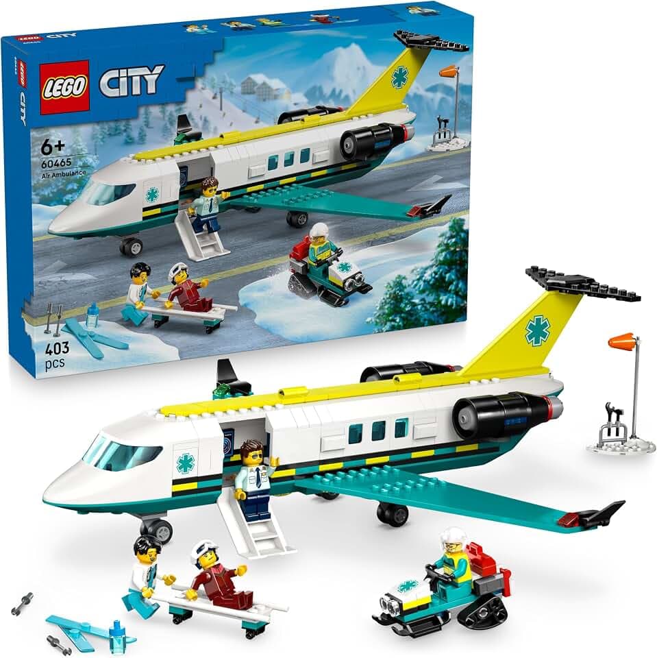 LEGO City Notfallrettungsflugzeug – Set mit Flieger, Schneemobil und 4 Mini-Figuren: Rettungssanitäter, Pilot, Arzt und Skifahrer – tolles Geschenk für Kinder ab 6 Jahren – 60465