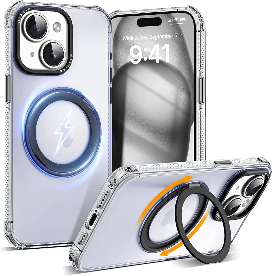 for iPhone 15 Case with 360°Rotatable Magnetic Ring Stand [Compatible MagSafe] [Fluorescent Iridescent] Translucent Matte iPhone 15 Phone Cases,Black