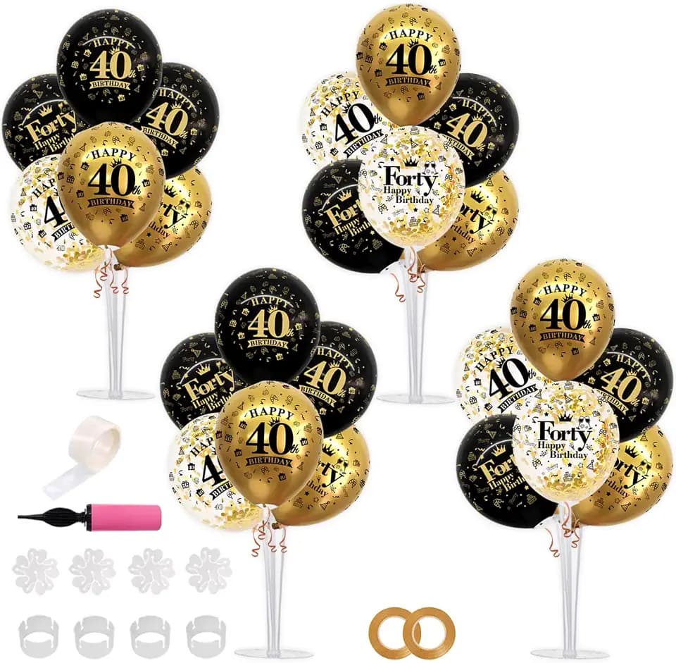 TONIFUL 4 Set Black Gold 40 Printed Balloon Stands for 40th Birthday Decor