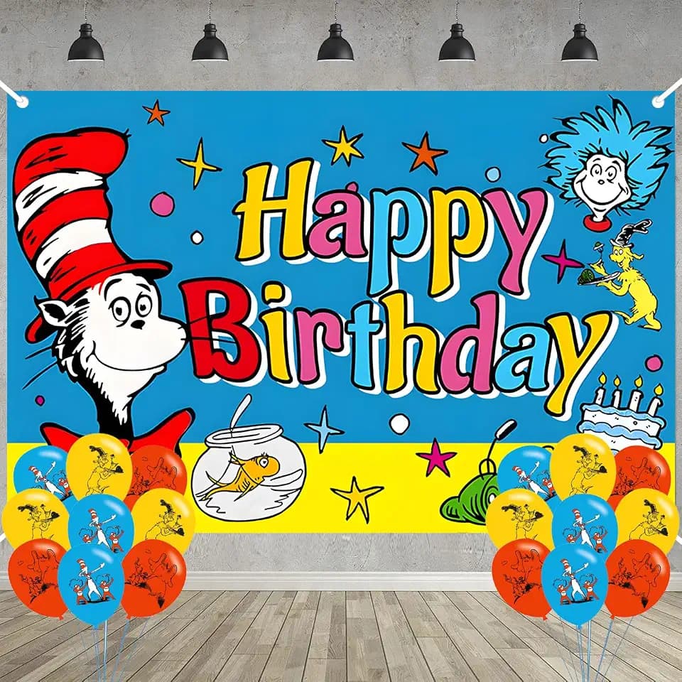 Seuss Cat Birthday Party Decoration,Photo Background 5 x 3 FT, 18 Pcs Balloons,Dr Cat Merch Party Backdrop Supplies