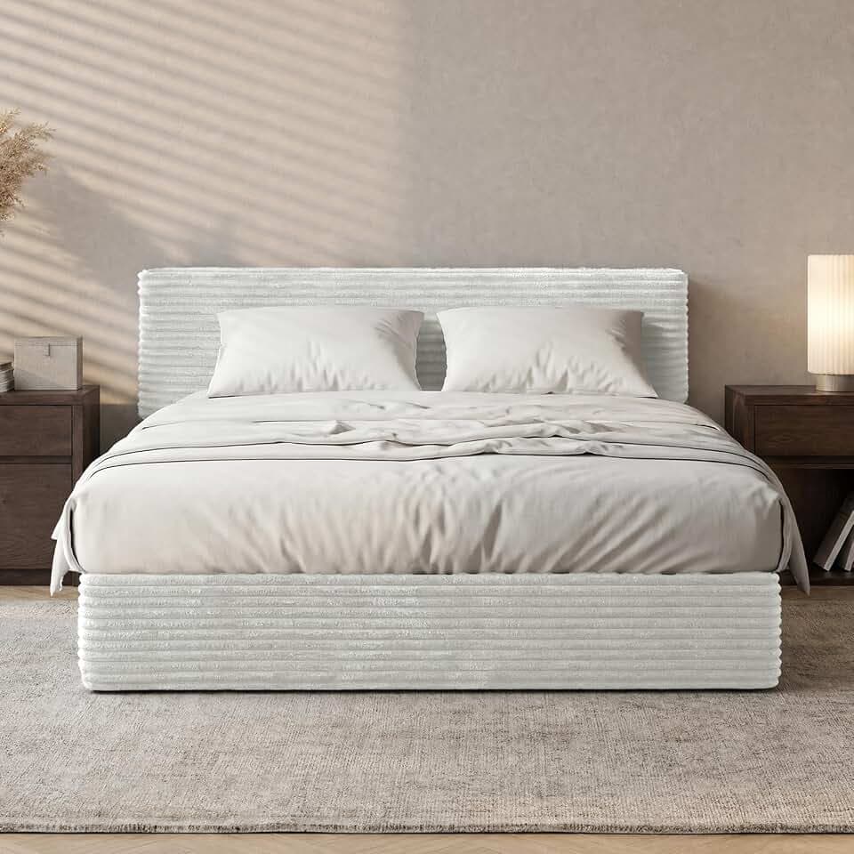 Vamcheer Schaumstoff-Bettgestell 160x200 cm (Ohne Matratze), Polsterbett mit 15cm extra Dicker Kopfteil, Geräuschloses Soft-Bett ohne Werkzeug Montage, Anti-Kollision Design, Beige