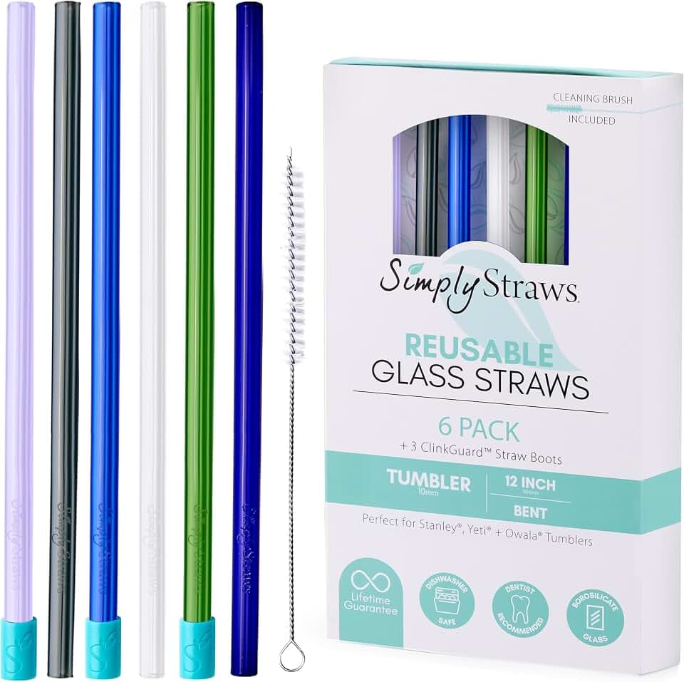 Simply Straws 12 Inch Glass Straws Straight (6-Pack) – Reusable Glass Straws for Stanley 40 Oz Tumbler, with Cleaning Brush – Durable, Dishwasher Safe, Hot & Cold Use, BPA-Free (Seaglass)