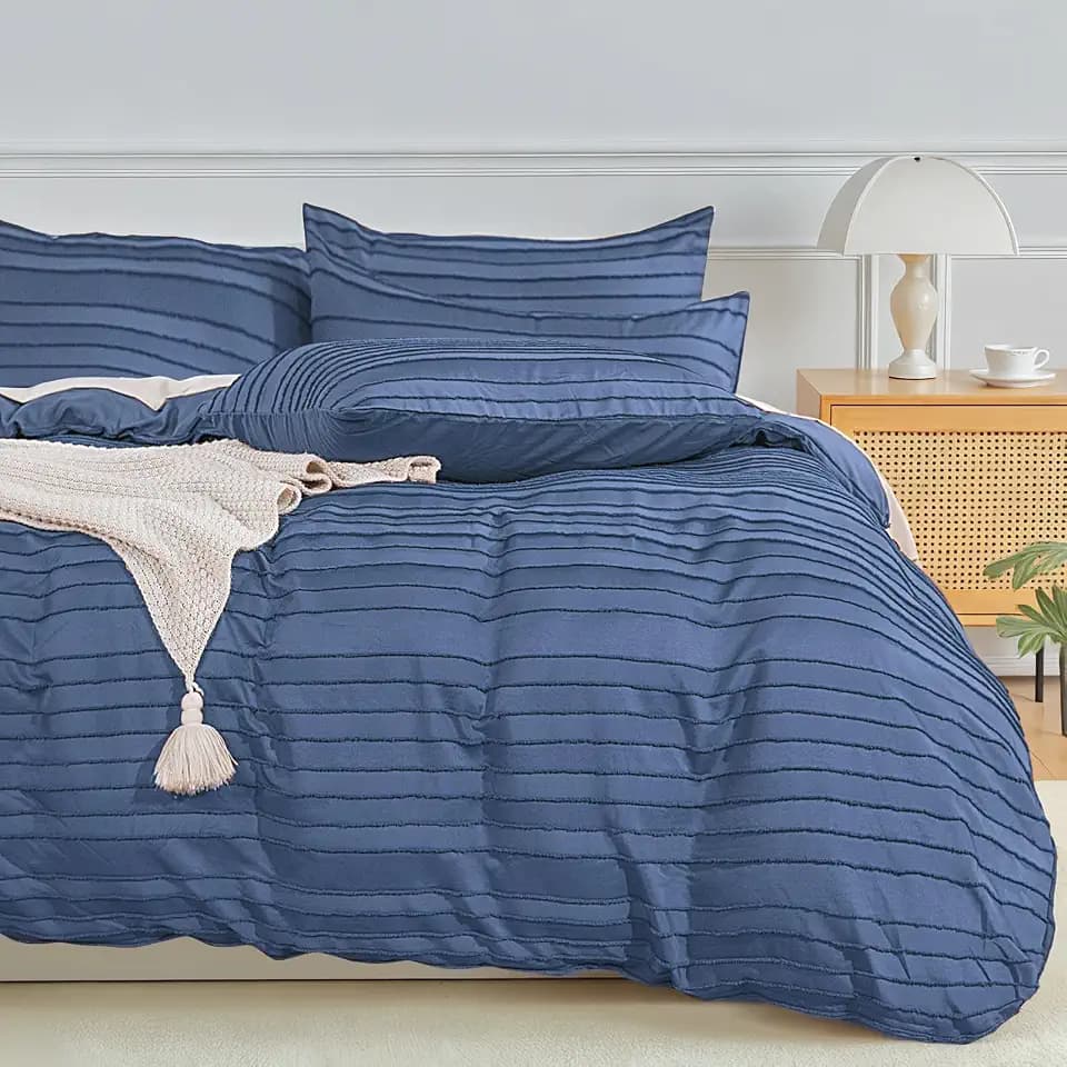 NEXHOME PRO Duvet Cover Queen,3 Pieces Boho Tufted Duvet Cover Set, Soft and Lightweight 100% Washed Microfiber Comforter Cover Set for All Season(Sea Blue,90 x 90)-No Comforter
