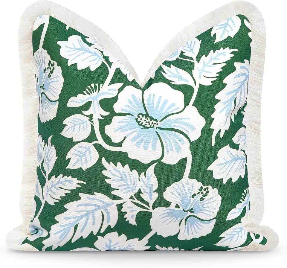 Hofdeco Premium Coastal Patio Indoor Outdoor Throw Pillow Cover Only, 20"x20" Water Repellent for Backyard, Couch, Green Baby Blue Print Tropical Hisbucs Flowers