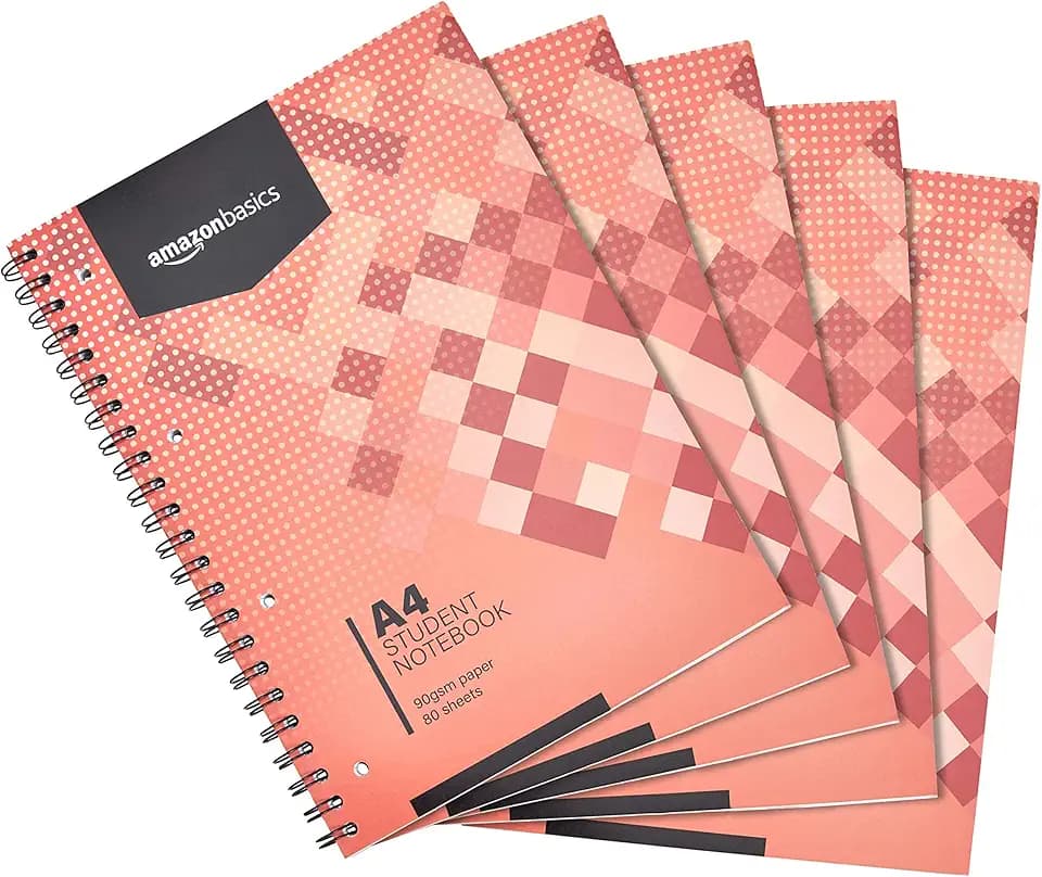 Amazon Basics Notizbuch mit Spiralbindung, 80 Blatt / 160 Seiten, A4, 90g/m², 5er-Pack
