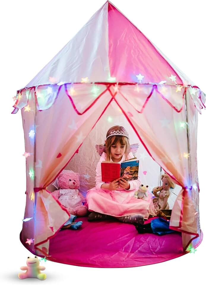 Prinzessin Schloss Spielzelt für Kinder, mehrfarbige LED-Leuchten, mit Kuscheltier Regenbogenfrosch. Geschenk für Mädchen. Kompakte Größe Kinderzelt : 105 x 105 x 135 cm (B x L x H) kinderzelt