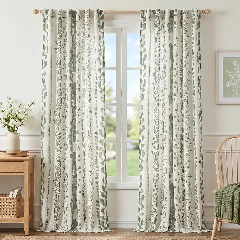MEETSKY Sage Green Curtains 90 Inches Long 2 Panels Boho Curtains for Living Room Light Filtering Patterned Drapes for Bedroom Linen Style Back Tab Leaf Print Window Treatment, 50” Wide Each Panel