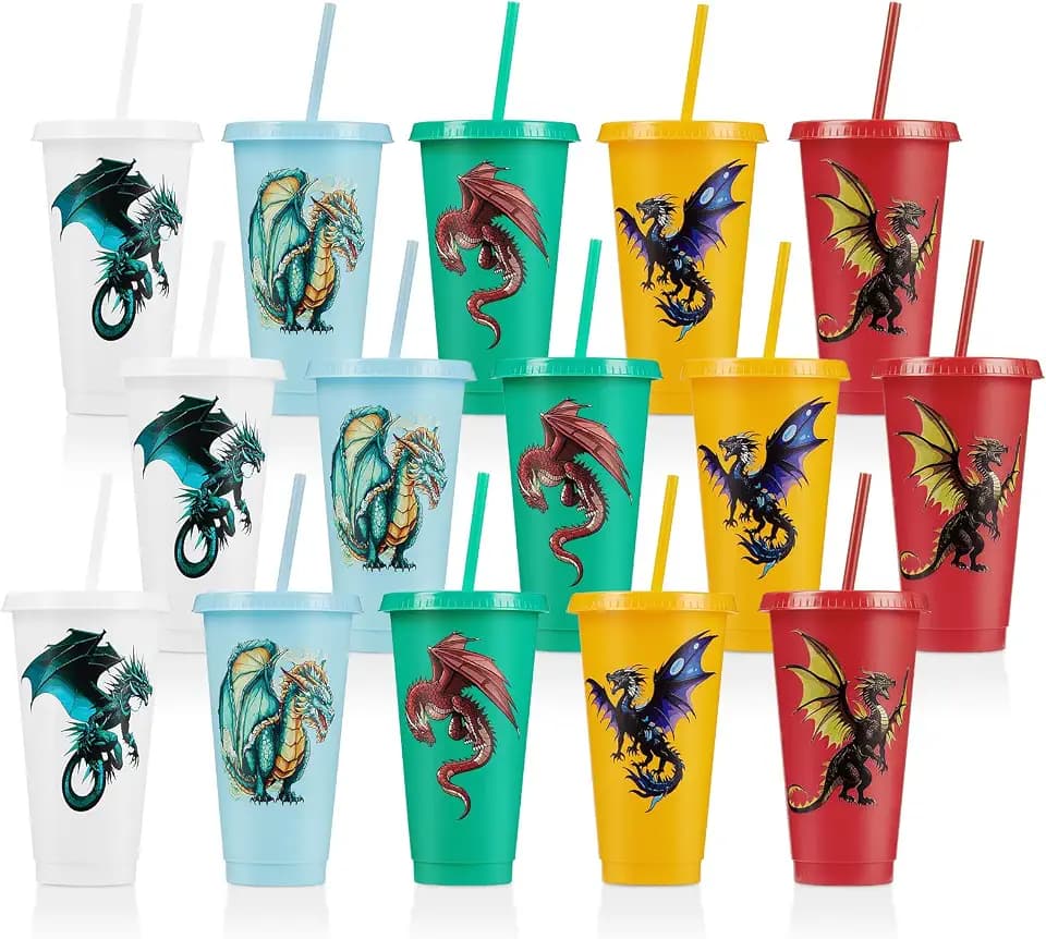 15 Pcs Dragon Party Favor Western Party Cups with Lid Straw 24 oz Plastic Drink Cups Reusable Bulk Tumblers for Fantasy Dragon Theme Party Supplies Birthday Party Gifts