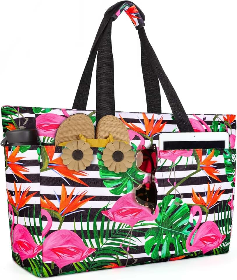ISEYOU Strandtasche XXL Familie, Groß Strandtasche mit Reißverschluss Wasserdicht Sanddicht, Handtasche Umhängetasche Damen 45L, Faltbar Ultraleicht Badetasche für Urlaub Reisen Fitnessstudio Picknick