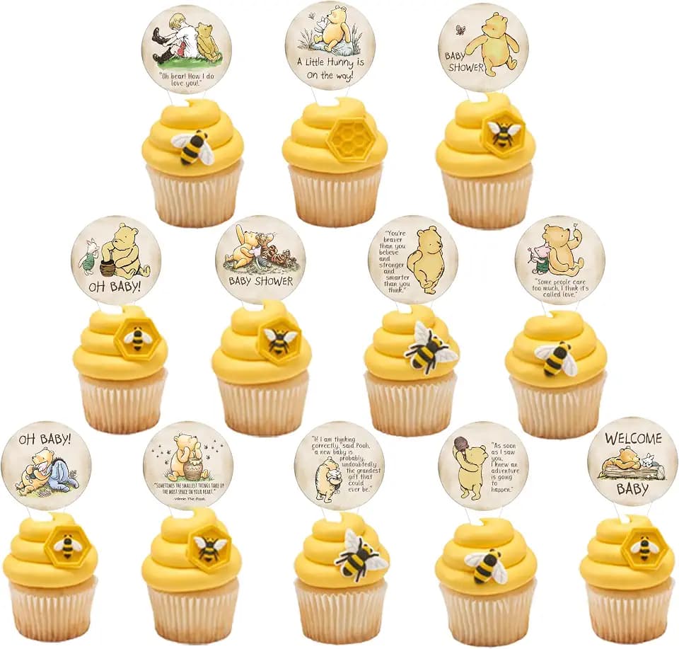 48Pcs Bear Themed Cupcake Toppers,Classic Winnie Stuff for Baby Shower/First Birthday Party Decorations
