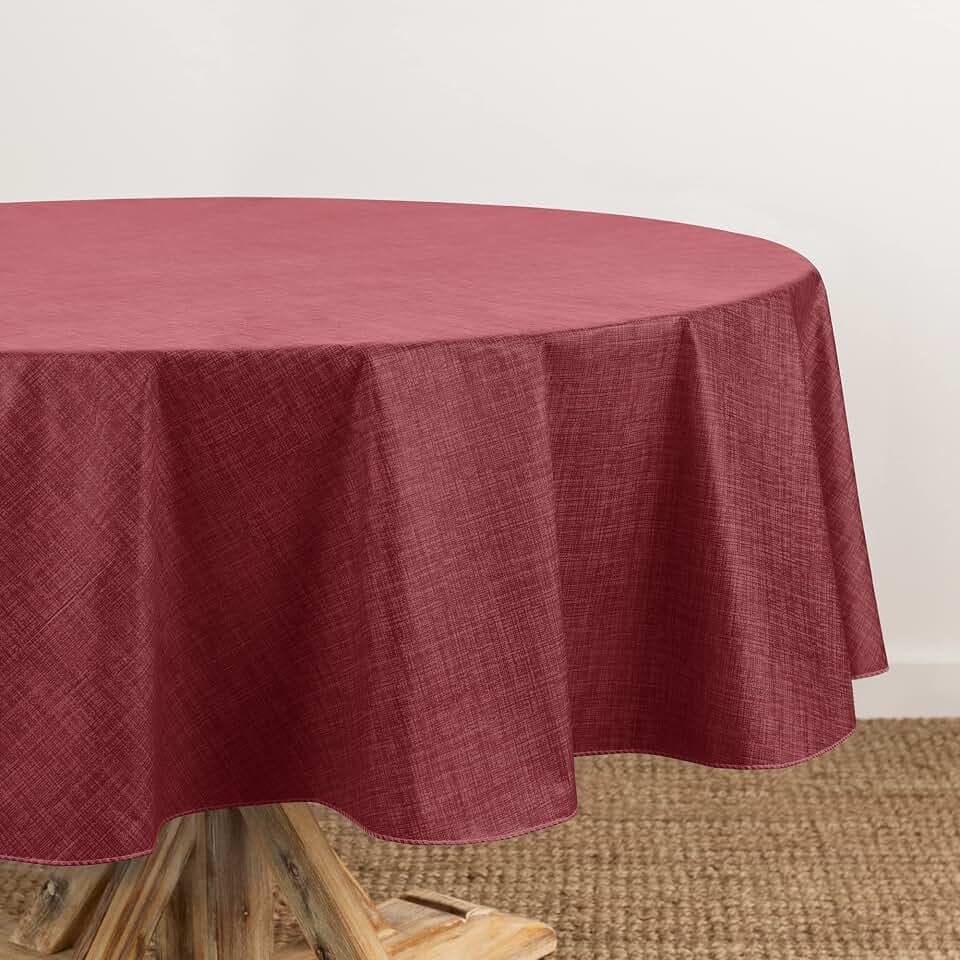 Elrene Home Fashions Monterey Linen Inspired Water- and Stain-Resistant Vinyl Tablecloth with Flannel Backing, 70 inches X 70 inches, Round, Brick