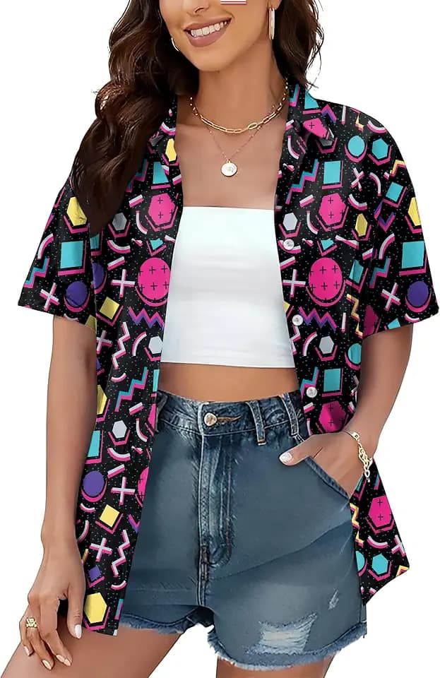 Dinosaur Shirt for Women Dinosaurs Print Shirts Hawaiian Dino Tees Loose Button up Blouse Summer Cute Tops