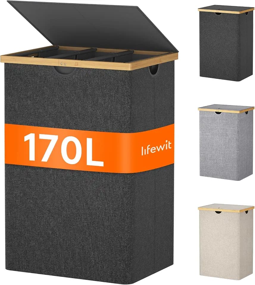 Lifewit 170L Bambus-Wäschekorb mit 3 Fächern und Deckel, Dunkelgrau