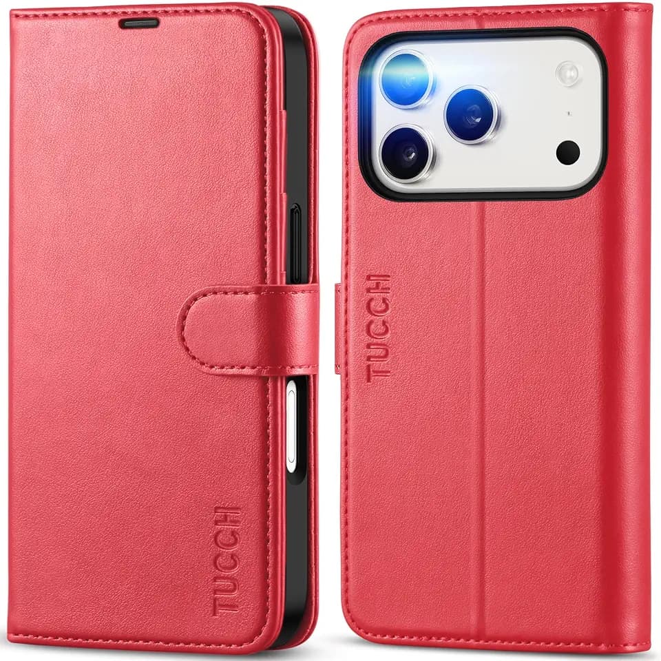 TUCCH Wallet Case for iPhone 18 Pro/17 Pro (6.3"), 4 Card Slots, Red