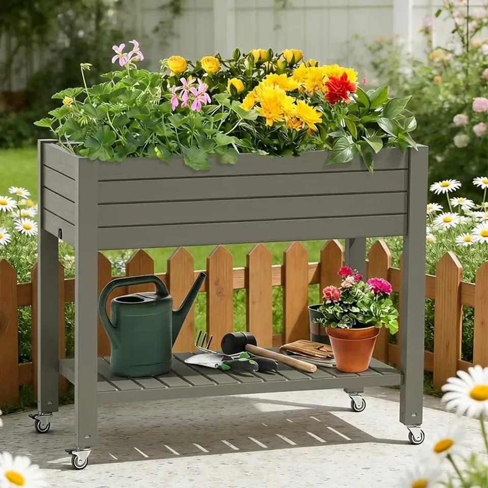 YITAHOME Raised Garden Bed Outdoor 43.3x17.7x34 in Raised Planter Box with Wheels, Legs, Drain Plug and Storage Shelf, Elevated Planter Box for Plants Vegetables Flowers Herbs, Brown