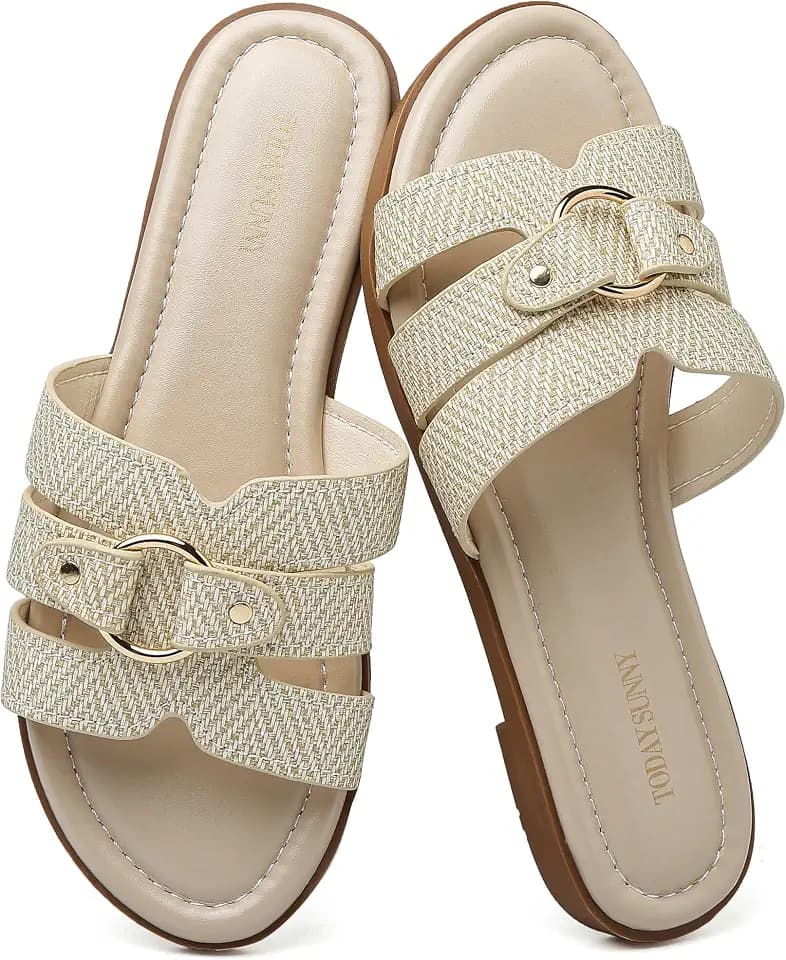 todaysunny Womens Flat Sandals Dressy Comfortable Open Toe Slip On Slide Sandals For Summer Beach Sandalias de Mujer