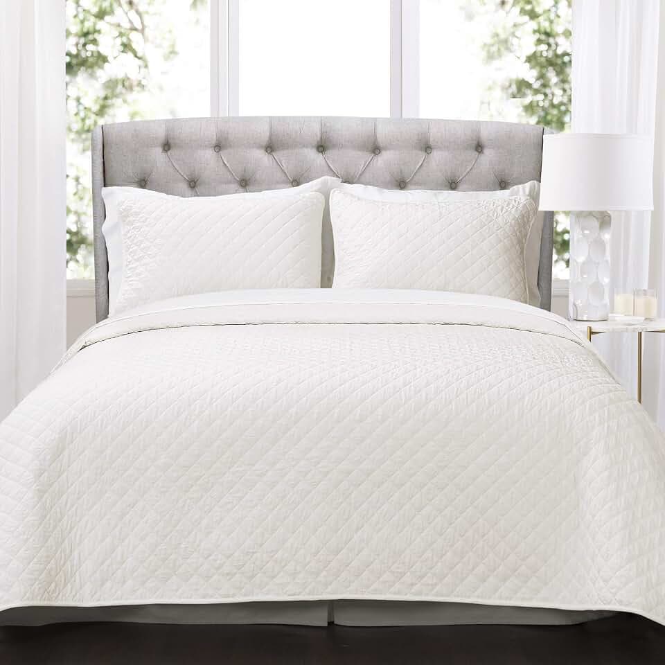 Lush Decor AVA Quilt Rautenmuster, einfarbig, 3-teilig, übergroßes Bettwäsche-Set, Doppelbettgröße, Weiß