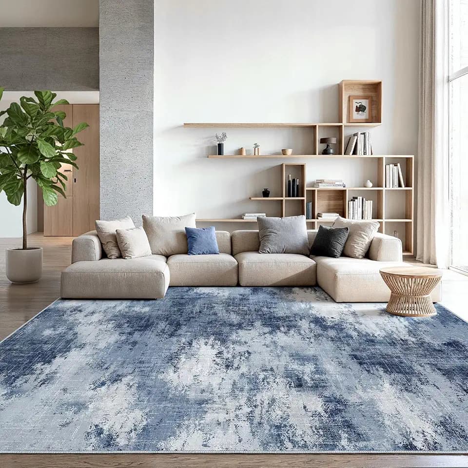 Amada Washable 10'x14' Abstract Area Rug for Living Room Dark Blue