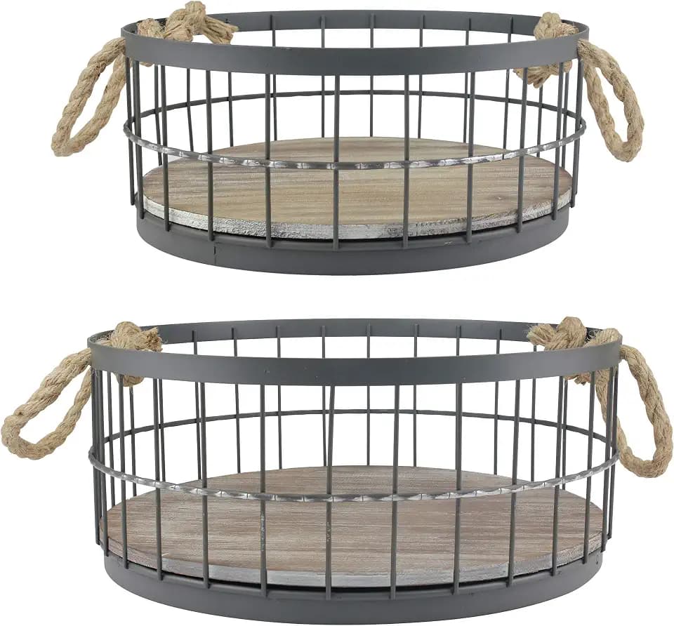 Stonebriar 2pc Round Stackable Metal Wire and Wood Basket Set with Rope Handles, Rustic Decor for Home Storage, Decorative Serving Baskets for Weddings, Birthdays, and Holiday Parties