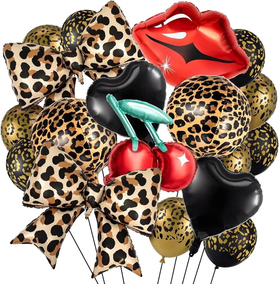 Realspring 18 Pcs Leopard Balloons Black Red Leopard Print Bow Style
