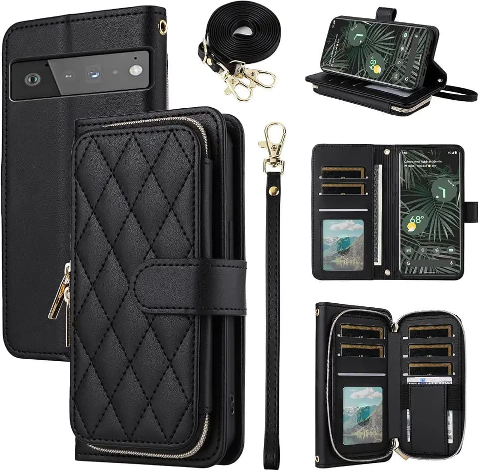 Wallet Case for Google Pixel 6 Pro with Wrist Strap, 9+ Card Slots Zipper Purse, Luxury PU Leather Stand Full Body Phone Cover for Pixel6Pro Pixel6 XL 6XL Pixle 6Pro 5G Women Girls Gift Black