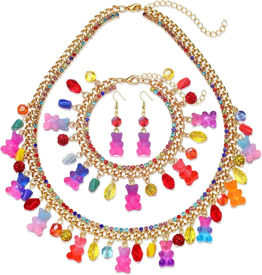 Candy Bear Necklace Earrings Bracelet-Colorful Rhinestone Beads Glitter Bears Charm Necklace Bracelet Fun Summer Kawaii Y2K Aesthetic Bear Jewelry Set Birthday Party Christmas Gift