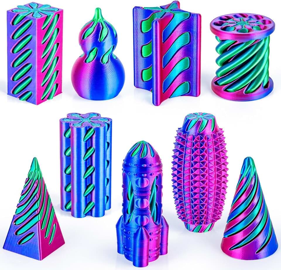 9er-Pack 3D-gedrucktes Fidget-Spielzeug-Set, Impossible Spiralkegel und Little Ouchies Schmerzstimm für Kinder und Erwachsene, Stressabbau, lustige Geschenke, Rosenrot + Blau + Grün