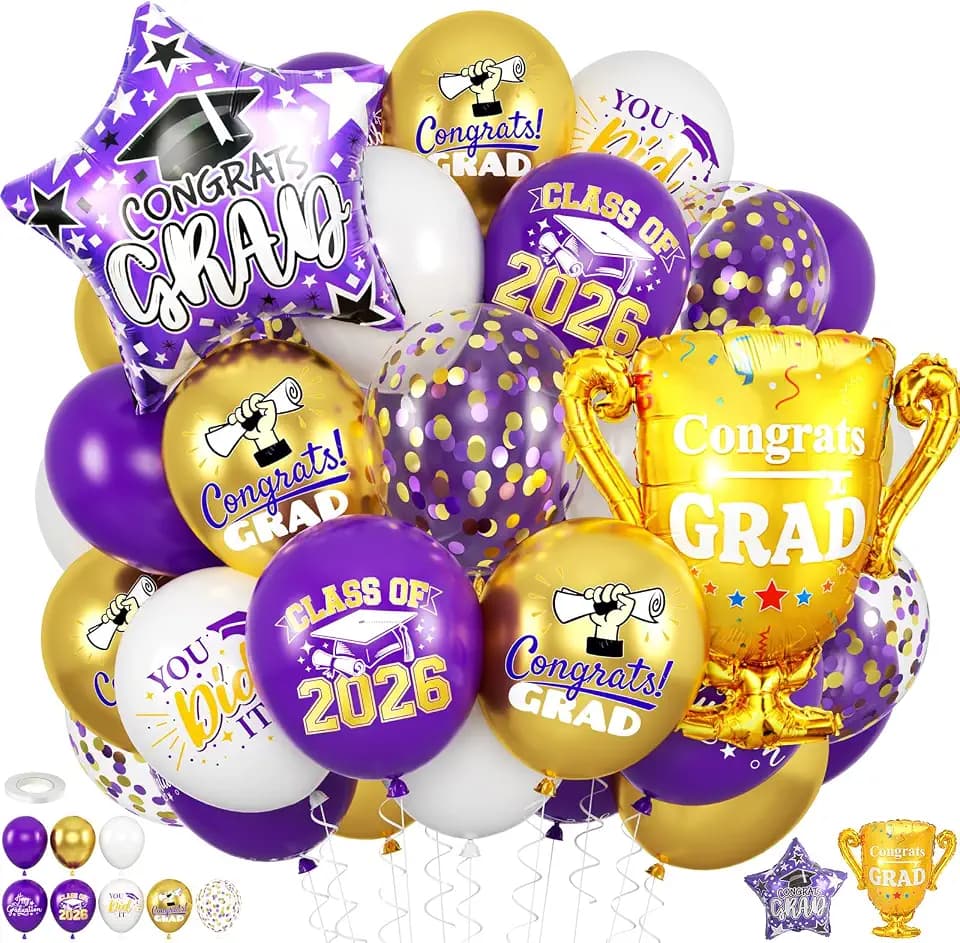 Purple and Gold Graduation Balloons, 2026 Graduation Party Decorations with 12inch Grad Print Latex Balloons Grad Foil Balloon for College High School Class of 2026 Congrats Grad Party Supplies