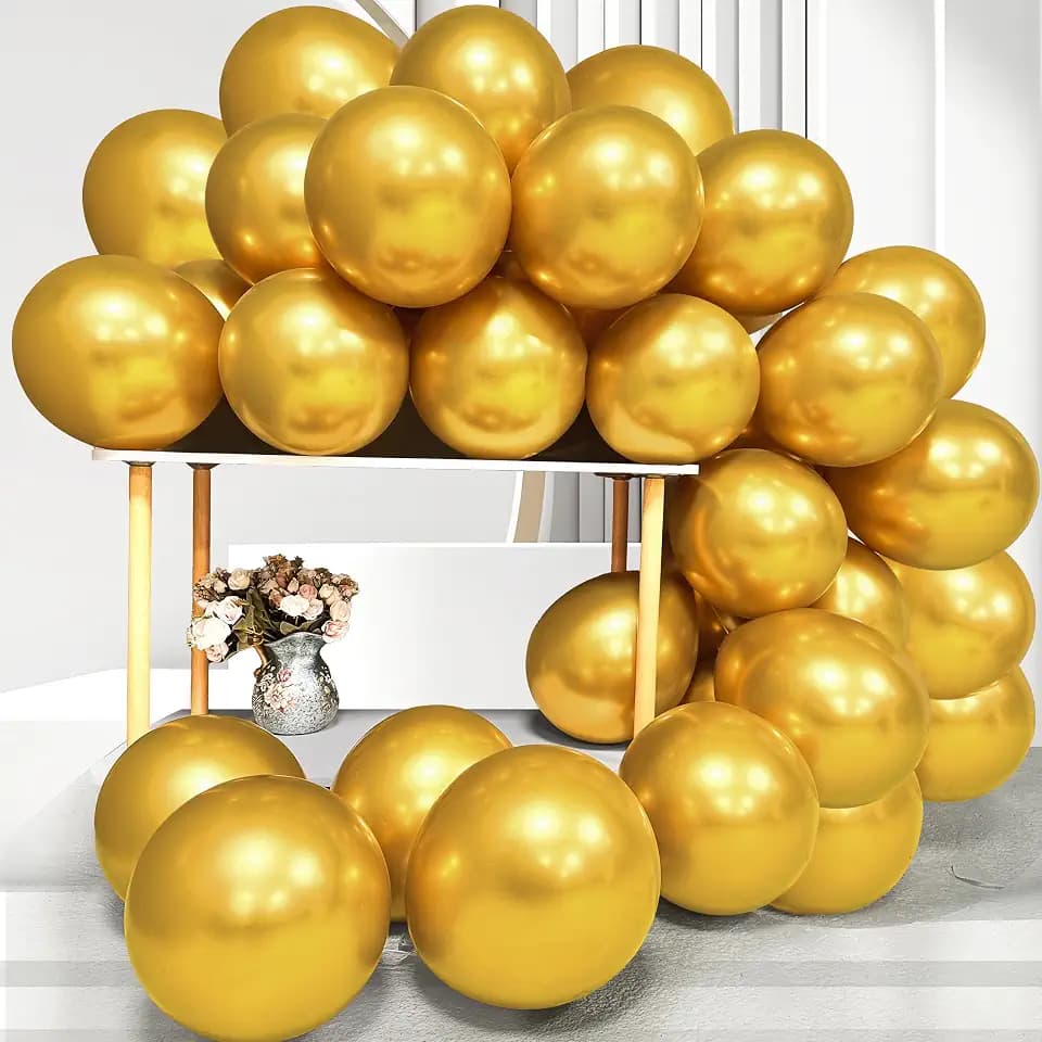 Firomi Metallic Chrome Gold Balloons 12-inch 100 Pack (with 3 Ribbons)