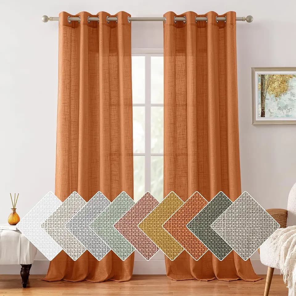 HOMEIDEAS Burnt Orange Linen Textured Sheer Curtains,52 X 108 Inch,2 Panels