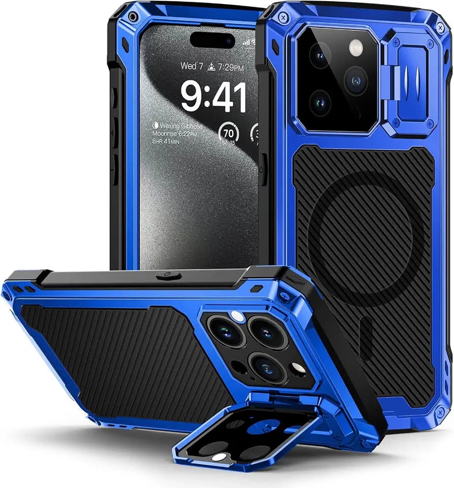 Lanhiem for iPhone 15 Pro Max Metal Case, [Built-in Camera Kickstand & Glass Screen Protector] Protective Heavy Duty Full Body Military Rugged Shockproof Magnetic Cover (Blue)