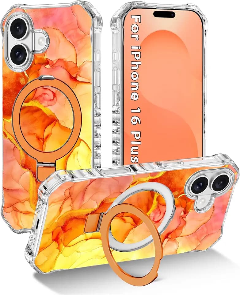 for iPhone 16 Plus Case, [Compatible with MagSafe] [Invisible Magnetic Ring Stand], Slim Translucent Matte Wavy Frame Women Girls Case for Apple iPhone 16 Plus 6.7" (2024),Light Orange
