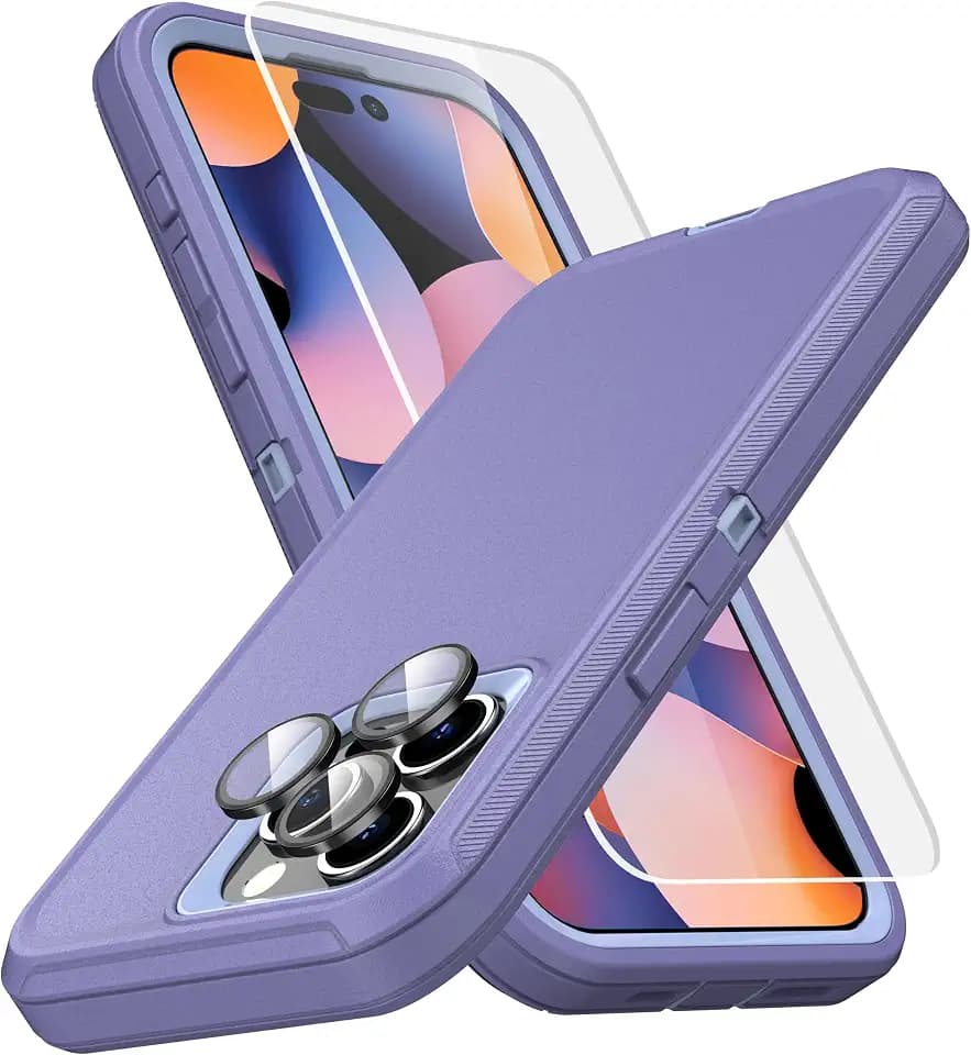 MXX Heavy Duty Made for iPhone 15 pro Case with Tempered Glass Screen, Camera Lens Protector 3-Layer Full Body Protection Shockproof Dustproof Cover for 15 pro Phone Case 6.1" (Light Purple)