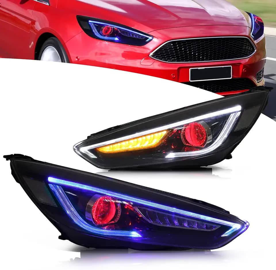 VLAND Projector Headlights Compatible with Ford Focus 2015-2018, Front Headlamp Assembly with Startup Animation & Sequential Turn Signals, 1 Pair (Demon eyes)
