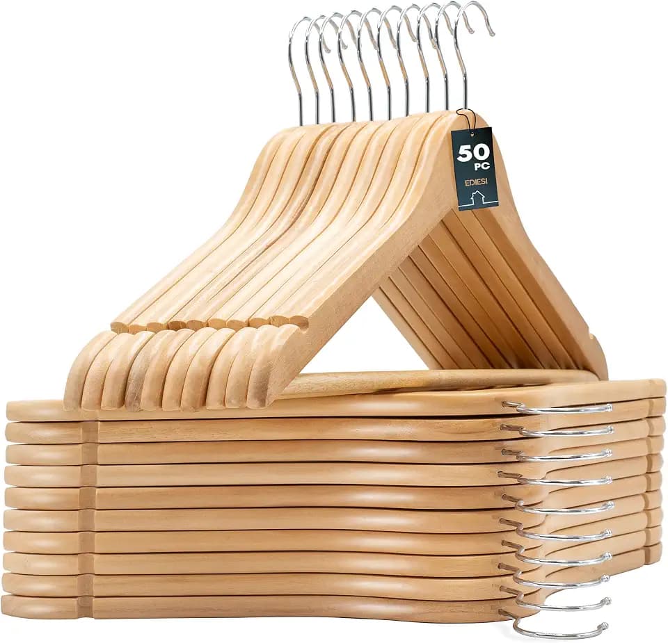 edihome, Kleiderbügel Holz, Set mit 50, Bügel aus Massivholz, Rutschfester Hosenteg, Einkerbungen im Schulterbereich, 360° drehbarer Haken, für Anzüge, Hemden (Holz, 50 Stück)
