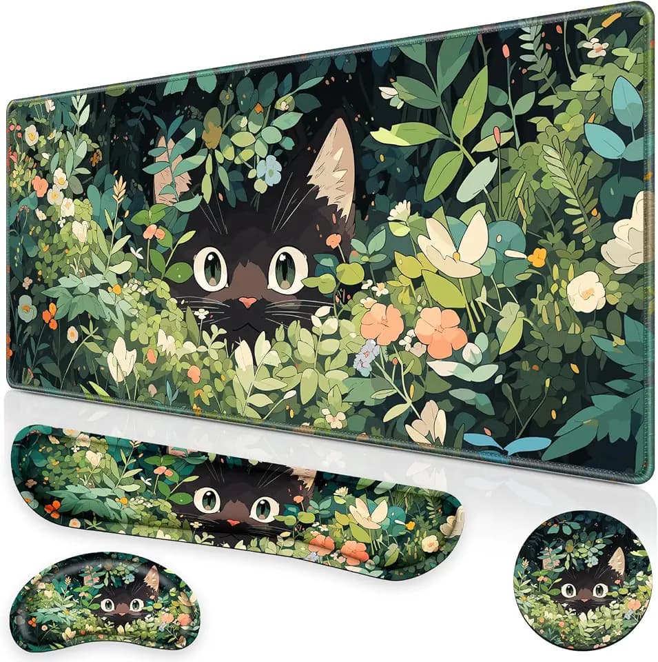 Canjoy Desk Mat with Wrist Rest, Anime Black Cats Keyboard and Mouse Pad