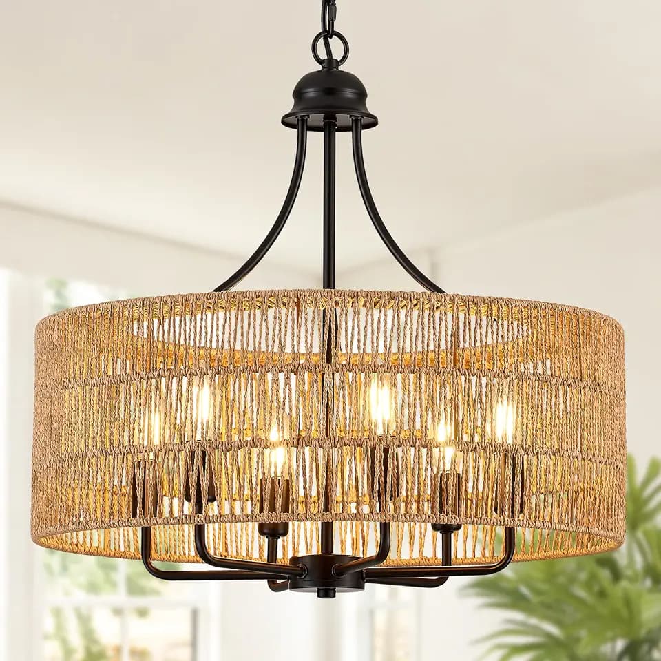 21.8" Large Black Rattan Chandelier, 6-Light Wicker Drum Fixture