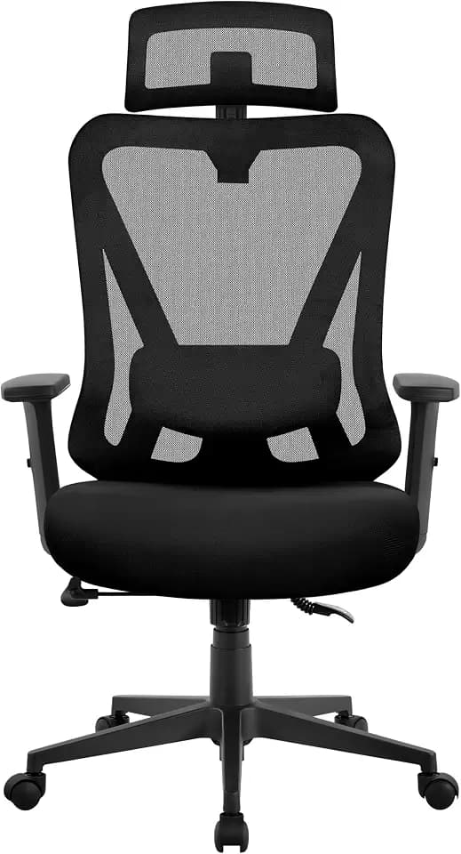 Yaheetech Bürostuhl ergonomischer schreibtischstuhl mit Verstellbarer Kopfstütze & Lendenwirbelstütze, atmungsaktiver Netzstuhl mit breitem Sitz, S-förmige Rückenlehne, 360° drehbar Schwarz