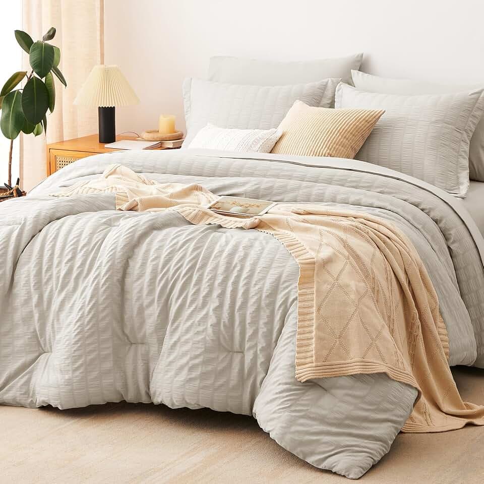CozyLux King Size Comforter Set, 7 Pieces Beige Seersucker Bed in a Bag