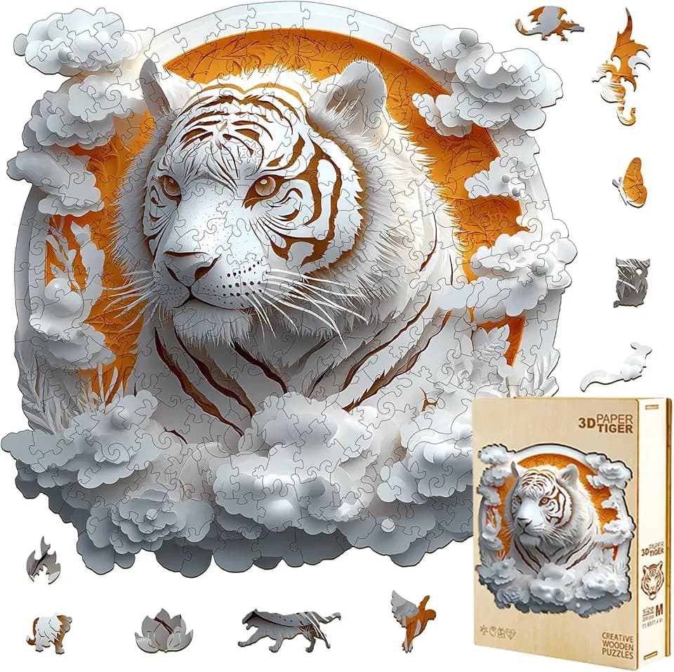 Wooden Puzzles Adults, 3D Vision White Tiger Animal Shaped Challenging Wood Puzzle 300 Pieces, Unique Paper-Cut Art Irregular Pieces, Christmas for Men Women, 13.4x13.4in