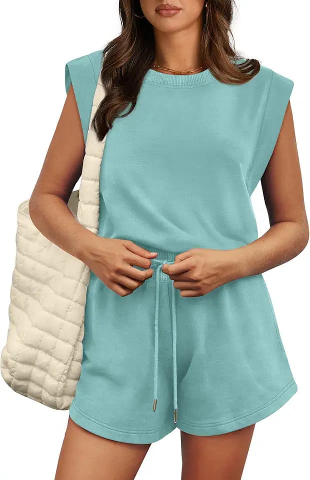 OFEEFAN Rompers for Women Summer Cap Sleeve Adjustable Drawstring Waistband Crewneck Casual Outfits with Pockets