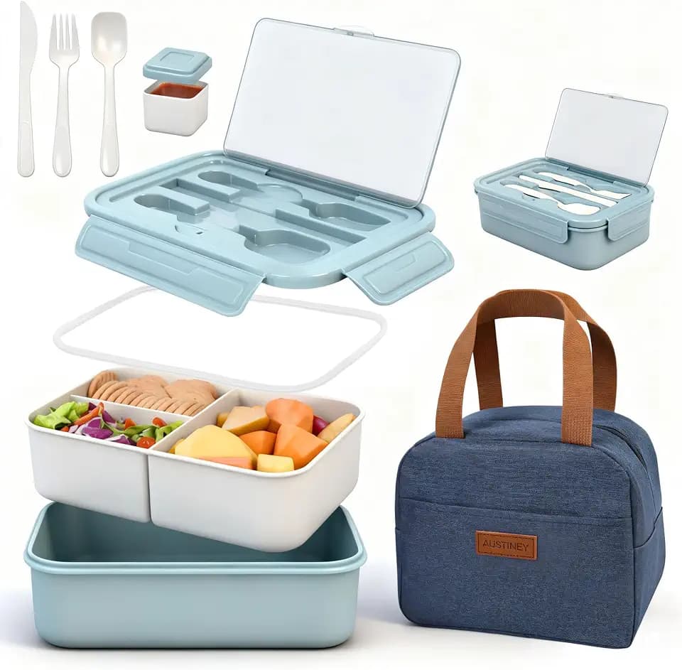 1100ml Bento Box with Bag, Leak Proof with Utensil &Sauce Box Blue