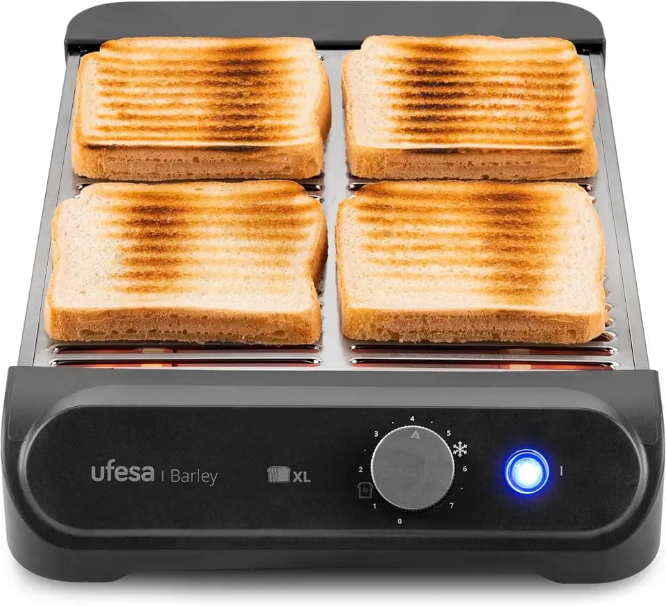 Ufesa Flacher Toaster Barley, 900W mit 3 Quarz-Heizelementen, Horizontaler Edelstahl-Toaster, XL-Größe für 4 Scheiben, 7 Stufen, Aufwärmen und Auftauen, Krümelschublade, Gebäck