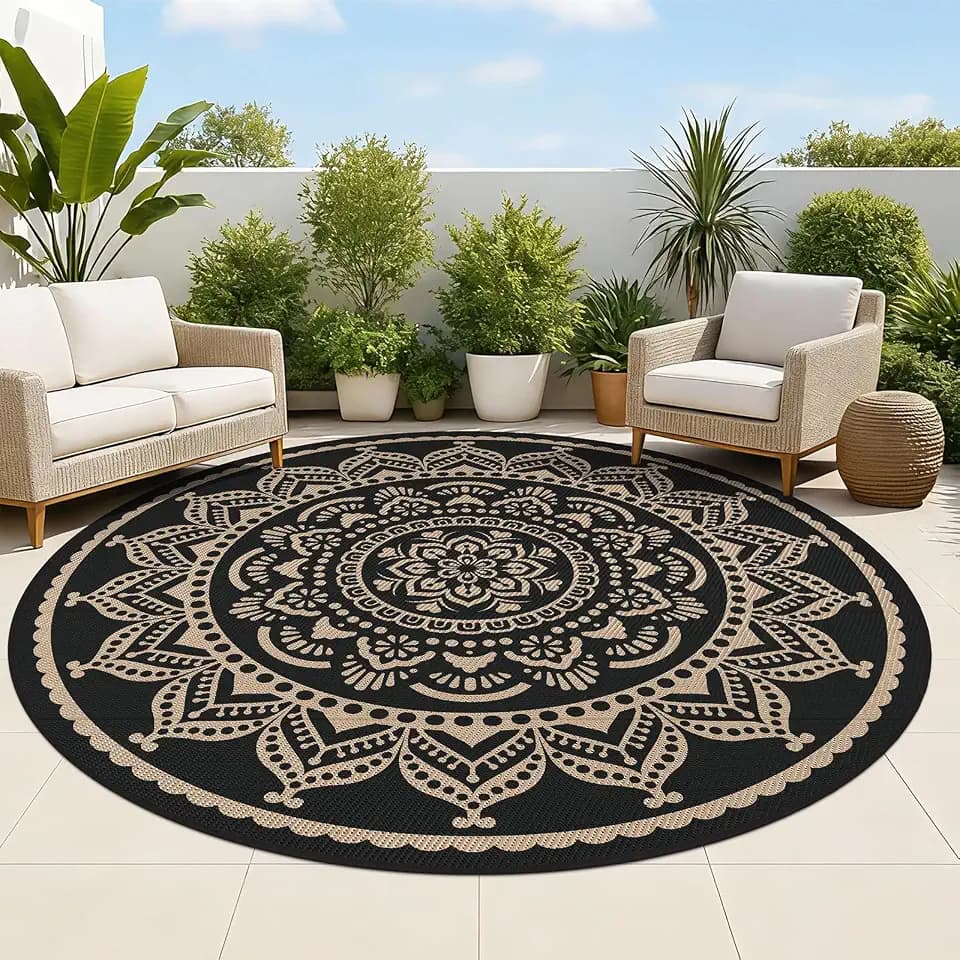 Bsmathom Waterproof Outdoor Rug, 6ft Round, Black