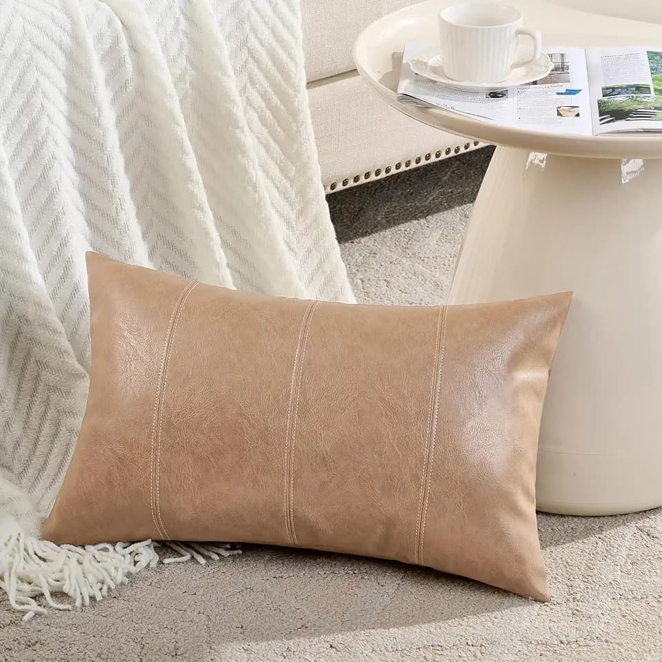 Fancy Homi Tan Long Lumbar Waterproof Faux Leather Decorative Throw Pillow Covers 14x20 Inch for Living Room Couch Bed, Beige Hand Stitched Cushion Case 35x50 cm, Taupe Modern Farmhouse Home Decor