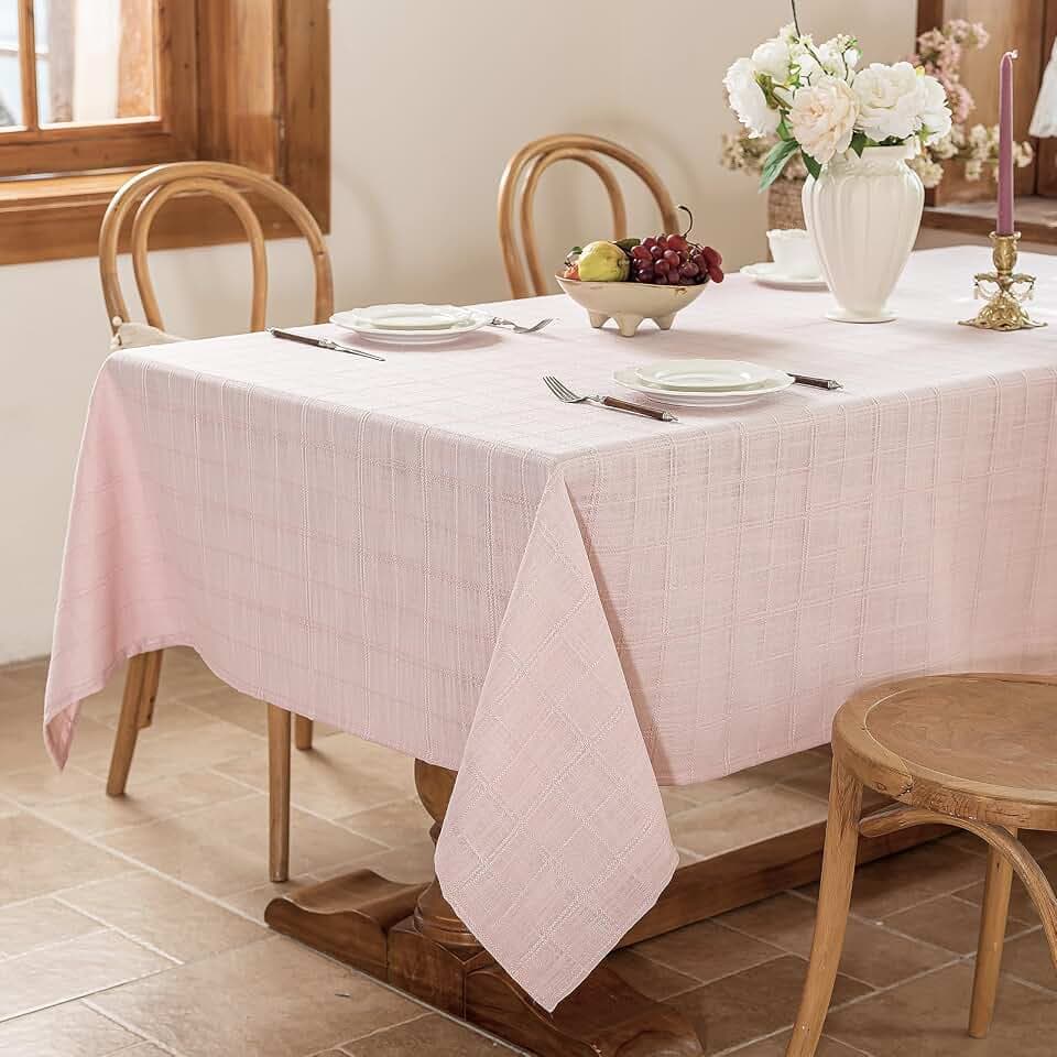 Laolitou Light Pink Embroidered Grid Tablecloth, Wrinkle Resistant, 52"x70"
